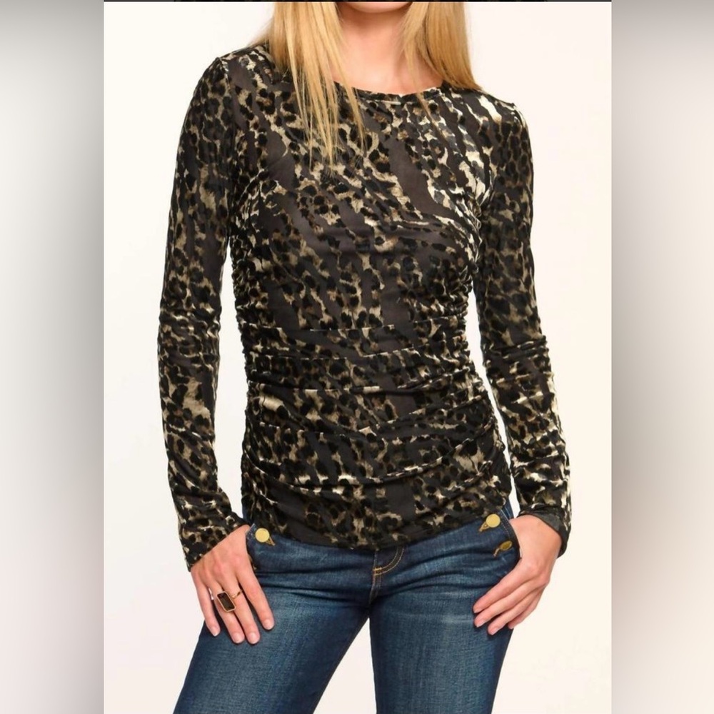 Ramy Brook Leopard Print Ruched Stretch Top Small Sheer Long Sleeve Animal Print
